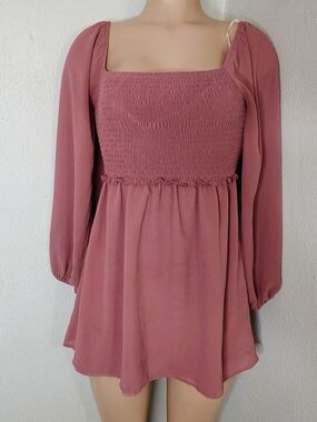 Forever 21 Smocked Square Neck Long Sleeve Mini Dress - Mauve